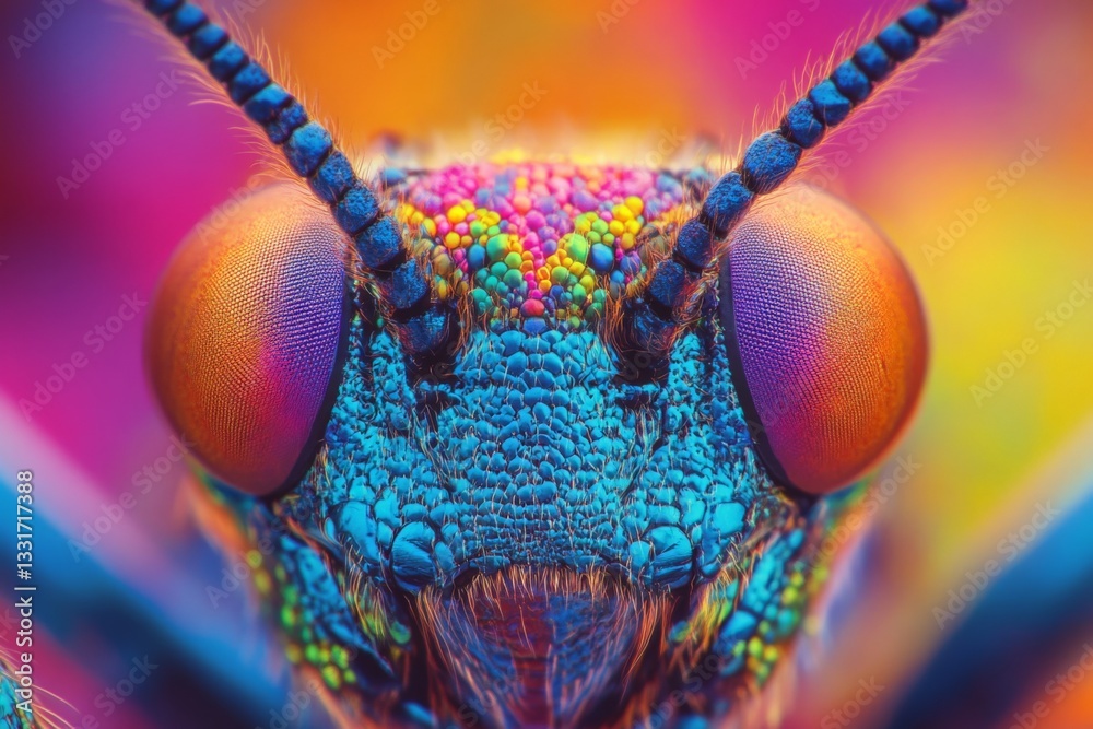 Poster Close-up of a vibrant insect showcasing intricate details of its colorful eyes and textures in a macro perspective