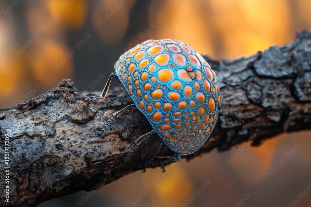 Poster colorful beetle perched on a branch during sunset in a forest setting