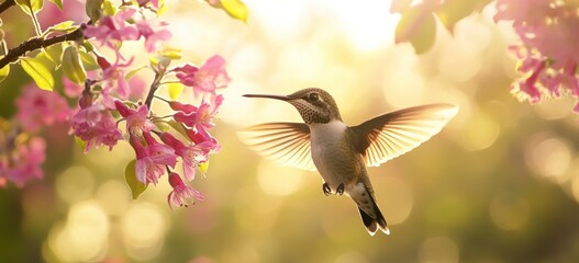Hummingbird Flying Near Pink Blossom with Sunlit Background