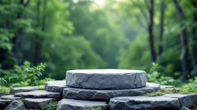 stone podium on rock platform 3d illustration on natural background. 4k Video. generated with AI