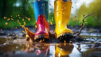 Close-Up of Colorful Rubber Boots in a Puddle Illustration for Jump in Muddy Puddles Day