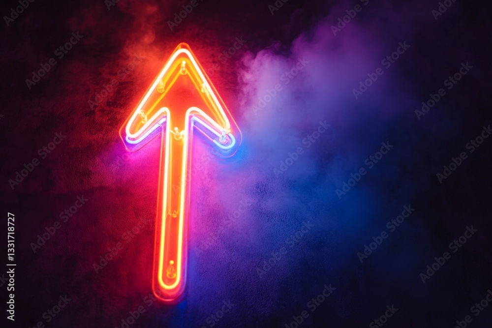 Poster bright neon arrow pointing upward against a smoky background in a dimly lit setting at night