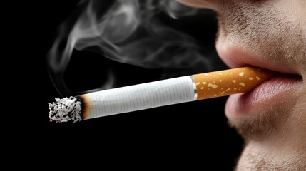 Close Up of Young Man Smoking Cigarette, Smoke Fills Black Background, Health Issues Concept