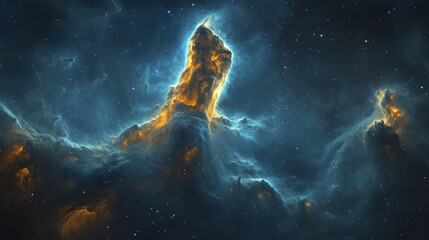 An ethereal nebula shaped like a rising monolith, deep blue and golden hues blending seamlessly, surrounded by a vast cosmic void