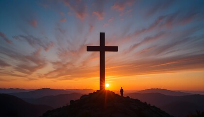 Silhouette cross on mountain sunset background CONCEPT