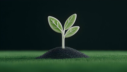 Tiny sprout in dark soil, on green grass