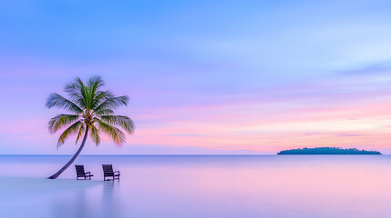 Fototapeta premium Tranquil beach scene with palm tree and chairs at sunset