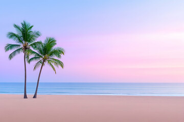 Fototapeta premium Tranquil beach sunrise. Two palm trees stand on a pristine sandy beach as the sun rises, painting the sky with soft pastels
