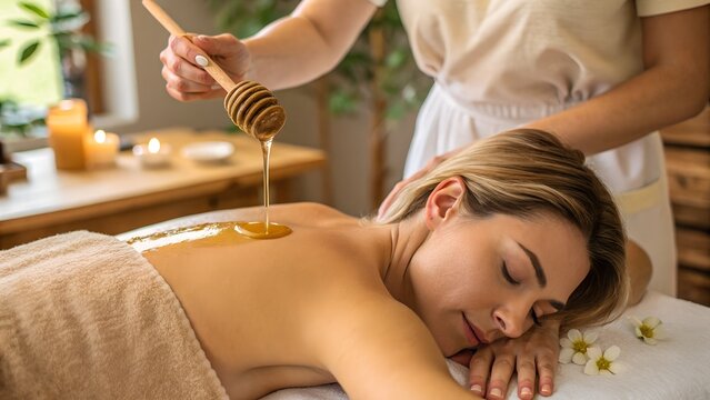 A woman enjoys a soothing honey massage at a spa, with warm honey being drizzled onto her back. Surrounded by candles and natural elements, the scene radiates relaxation and self-care.
