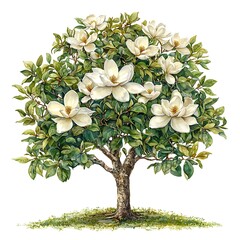 A Blooming Magnolia Tree Botanical Illustration of a Southern Magnolia in Full Flower.