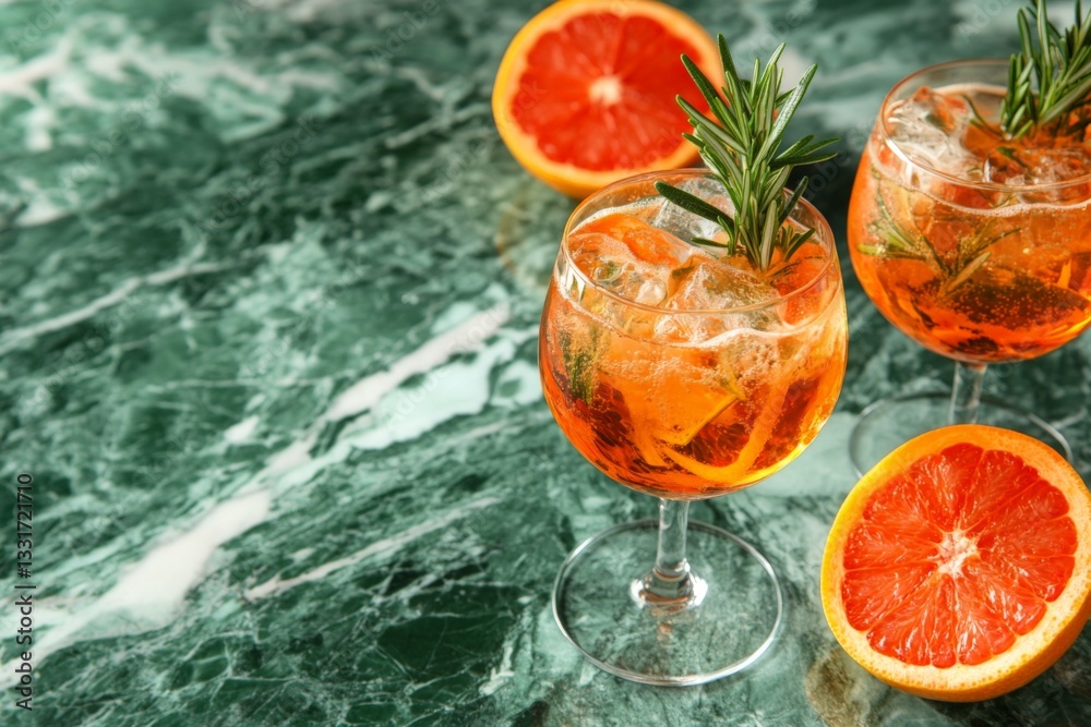Poster refreshing cocktails on a marble table with citrus slices in a vibrant setting