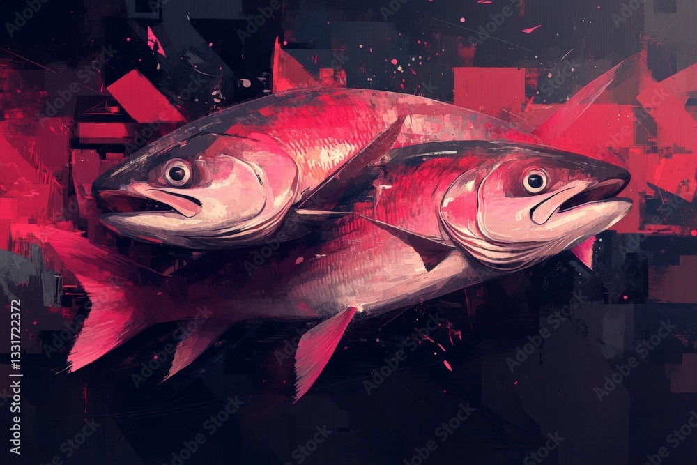 Aufkleber colorful artwork of two fish swimming against a dark background with abstract geometric patterns