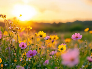 Fototapeta premium Golden Sunset Over a Blooming Wildflower Meadow, Tranquil and Idyllic Nature Scene