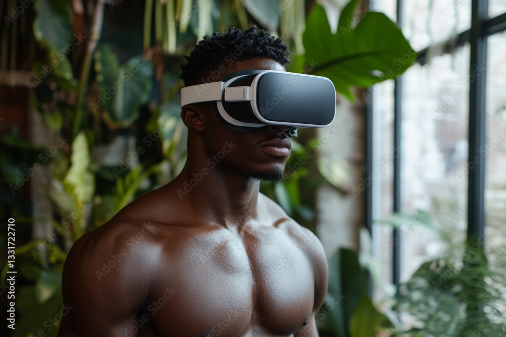 Poster Man immersed in virtual reality while surrounded by lush greenery in a contemporary indoor setting
