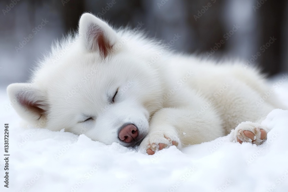 Poster sleeping white dog rests on soft snow in a serene winter environment during the day