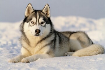 Siberian husky rests on snow-covered ground in a winter landscape during a clear day