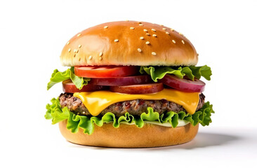 Juicy hamburger with cutlet and cheese, close-up. White background.