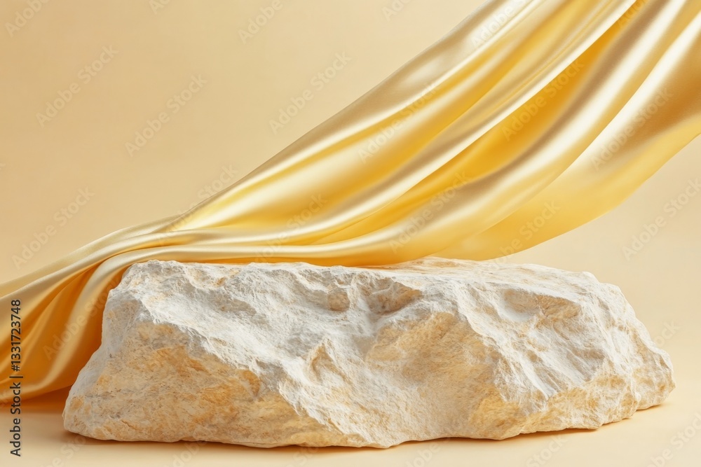 Poster textured white rock with flowing golden fabric draped elegantly against a soft backdrop