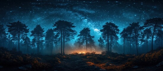 Naklejka premium Night Forest with Milky Way and campfire