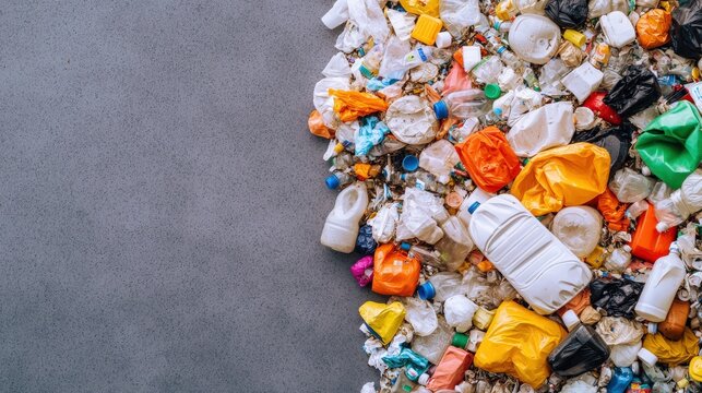 Stop pollution conservation concept. Plastic waste scattered on a gray surface.