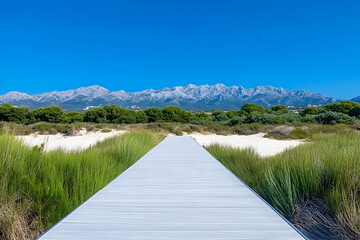 Tranquil wooden walkway through a coastal dune landscape leads to distant mountains