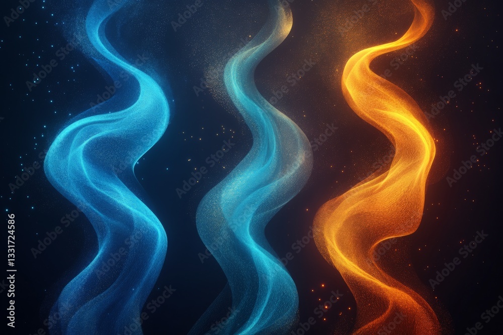 Poster Colorful swirling patterns create a mesmerizing visual display of blue, teal, and orange in a dark setting