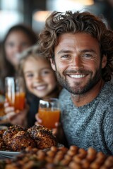 Family gathering at a cozy restaurant with delicious food and joyful drinks shared among smiling friends and loved ones