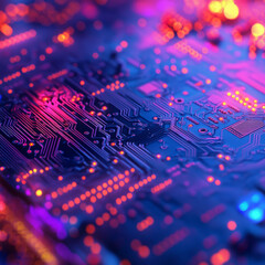 Obraz premium Close-up of colorful illuminated circuit board at night