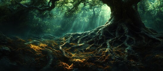 Sunlight filters through forest roots