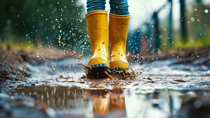 Close-Up of Colorful Rubber Boots in a Puddle Illustration for Jump in Muddy Puddles Day