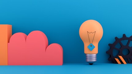 A vibrant illustration featuring a light bulb, colorful shapes, and gears against a blue background, symbolizing creativity and innovation.