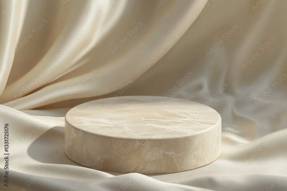Poster elegant round marble display stand on soft cream fabric background creates a sophisticated ambiance 