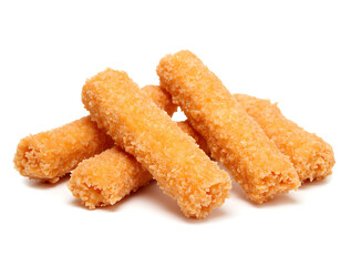 Delicious golden crispy cheese sticks stacked on a white background perfect for appetizers or snacking any time of the day