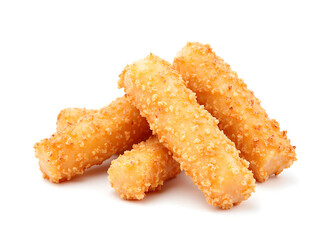 Delicious golden crispy cheese sticks stacked on a white background perfect for appetizers or snacking any time of the day