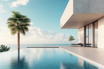 Stunning modern architecture with infinity pool overlooking tranquil ocean at sunset