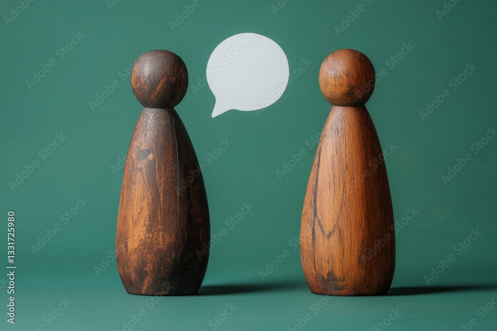 Poster Two wooden figures engage in conversation against a green background showcasing communication and connection