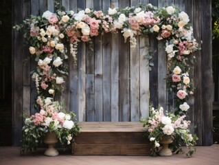 Fototapeta premium Enchanting Wedding Backdrop with Rustic Wooden Sign and Floral Decor for Romantic Ceremony Setting