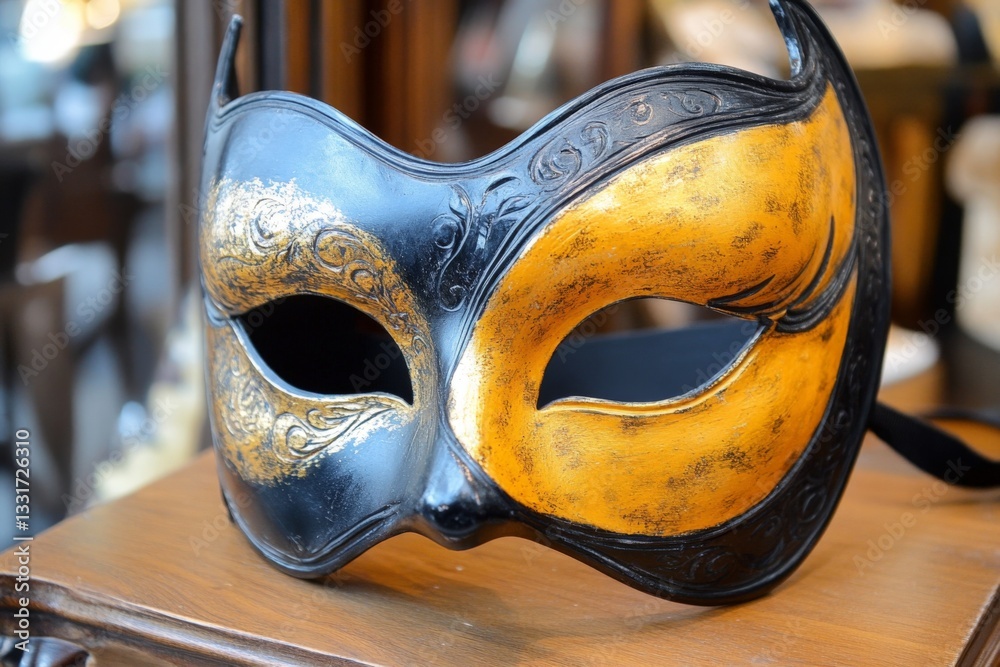 Poster elegant black and gold masquerade mask displayed on a table in a vibrant indoor setting