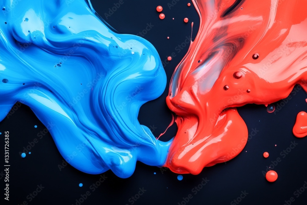 Leinwandbilder bright blue and red paint swirl together on black surface creating abstract pattern during artistic 