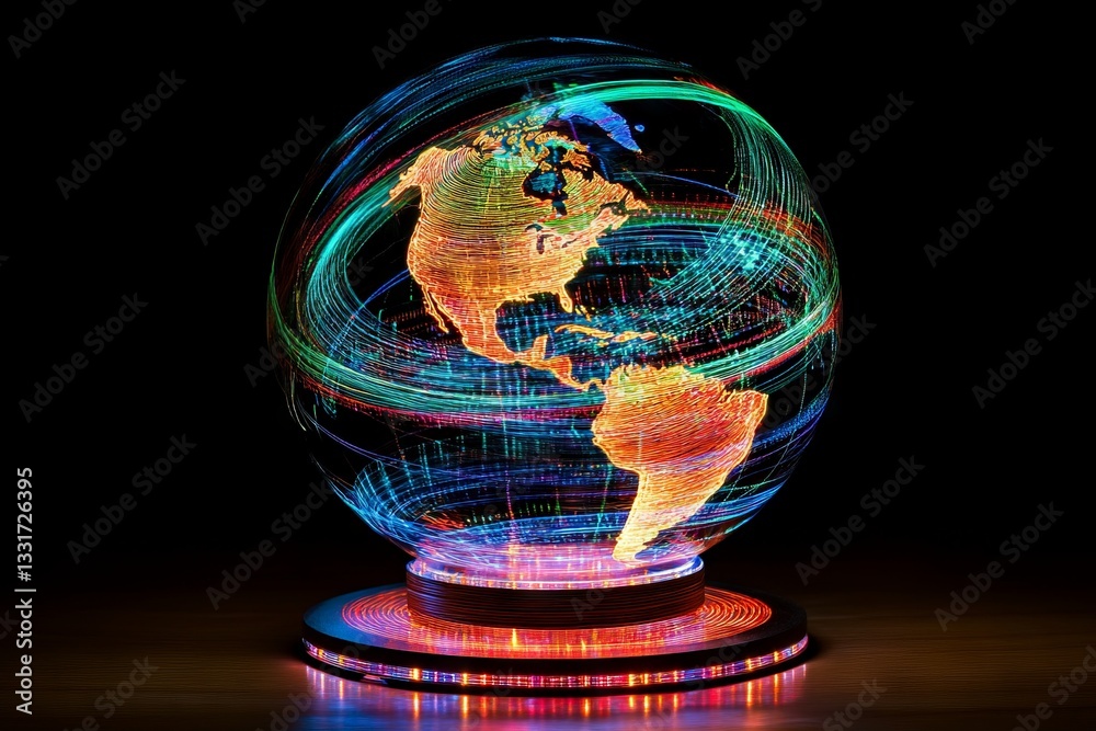 Fototapete Colorful illuminated globe with swirling patterns representing global connectivity and movement in a dark setting
