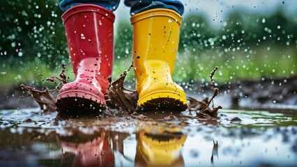 Close-Up of Colorful Rubber Boots in a Puddle Illustration for Jump in Muddy Puddles Day