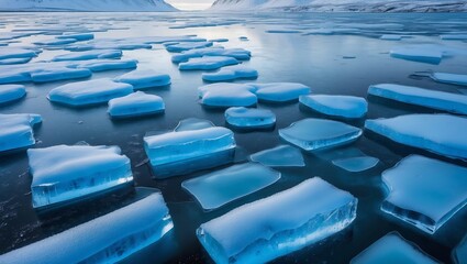 Ice formations and reflections create a stunning landscape in a remote arctic location during twilight hours