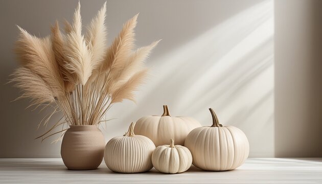 Generated image Pastel beige pumpkins arranged with soft, neutral-colored gourds on a rustic bench