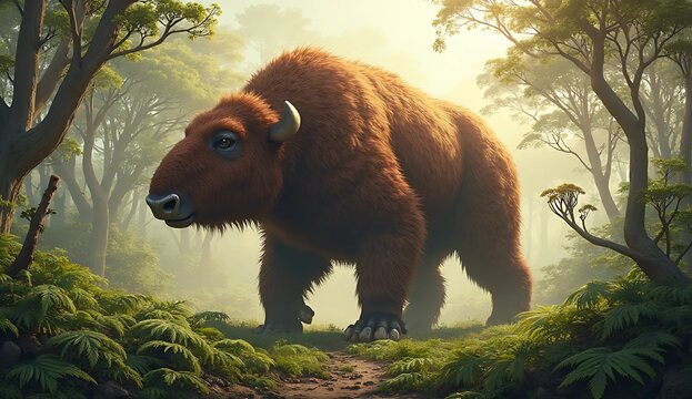 Diprotodon roaming through a prehistoric landscape filled with ferns and cycads