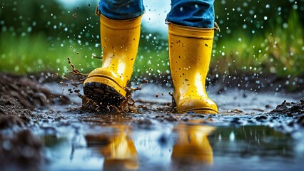 Close-Up of Colorful Rubber Boots in a Puddle Illustration for Jump in Muddy Puddles Day