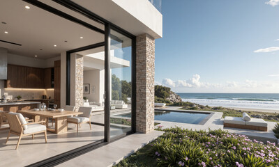 Obraz premium Luxury Beach House, Oceanfront Patio, Fresh Sea Breeze A luxury beachfront house with a spacious oceanfront patio, comfortable seating arrangements, and fresh sea