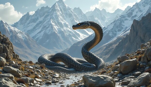 Giant titanoboa snake coiled on rocky terrain with snow covered mountains in the background view