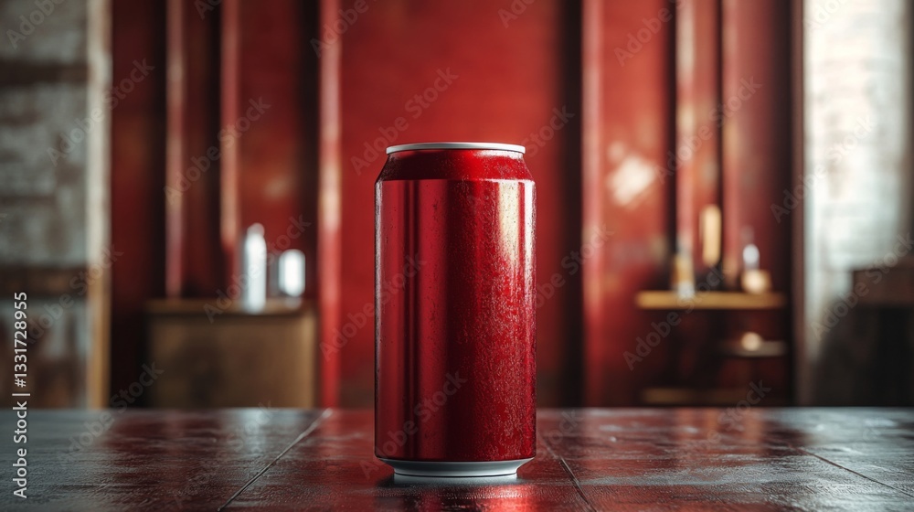 Poster A bright red soda can is centered on a rustic wooden table. The background features warm tones and a minimalistic interior design, creating an inviting atmosphere.