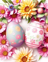 Fototapeta premium Illustration of Easter eggs on a background of flowers on a white background 
