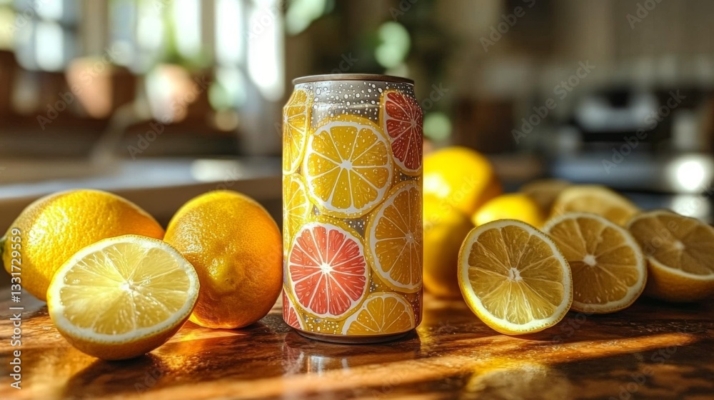 Poster a decorative can rests on a wooden surface with whole lemons and cut lime slices surrounding it. the